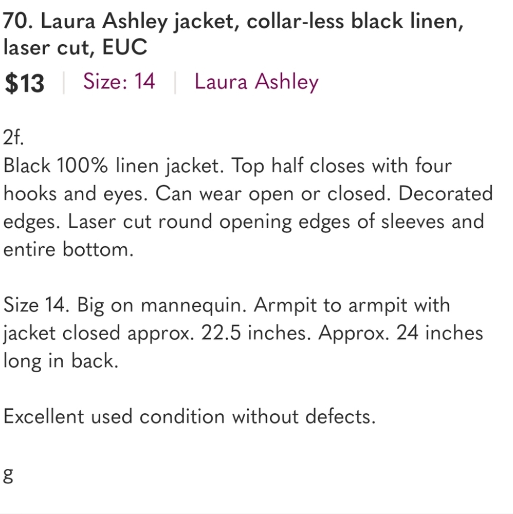 70. Laura Ashley jacket, collar-less black linen, laser cut, EUC - Picture 11 of 11